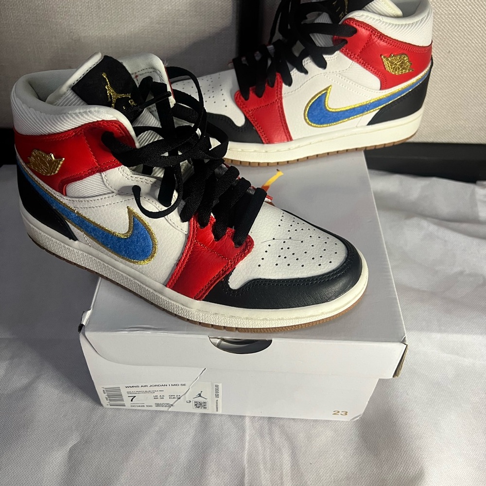 Women’s Air Jordan 1 Mid-Multicolor High-Top Sneakers with Blue Swoosh